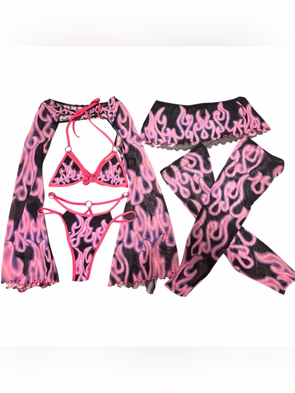 Candy Catz 5 Piece Rave/Festival Set Small, Pink Flame Bikini Set, Shrug, Skirt